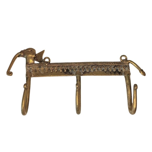 Vintage Brass Elephant Wall Key Hook Holder Dhokra Art Three Hooks  8.5" x 4" - Picture 2 of 13